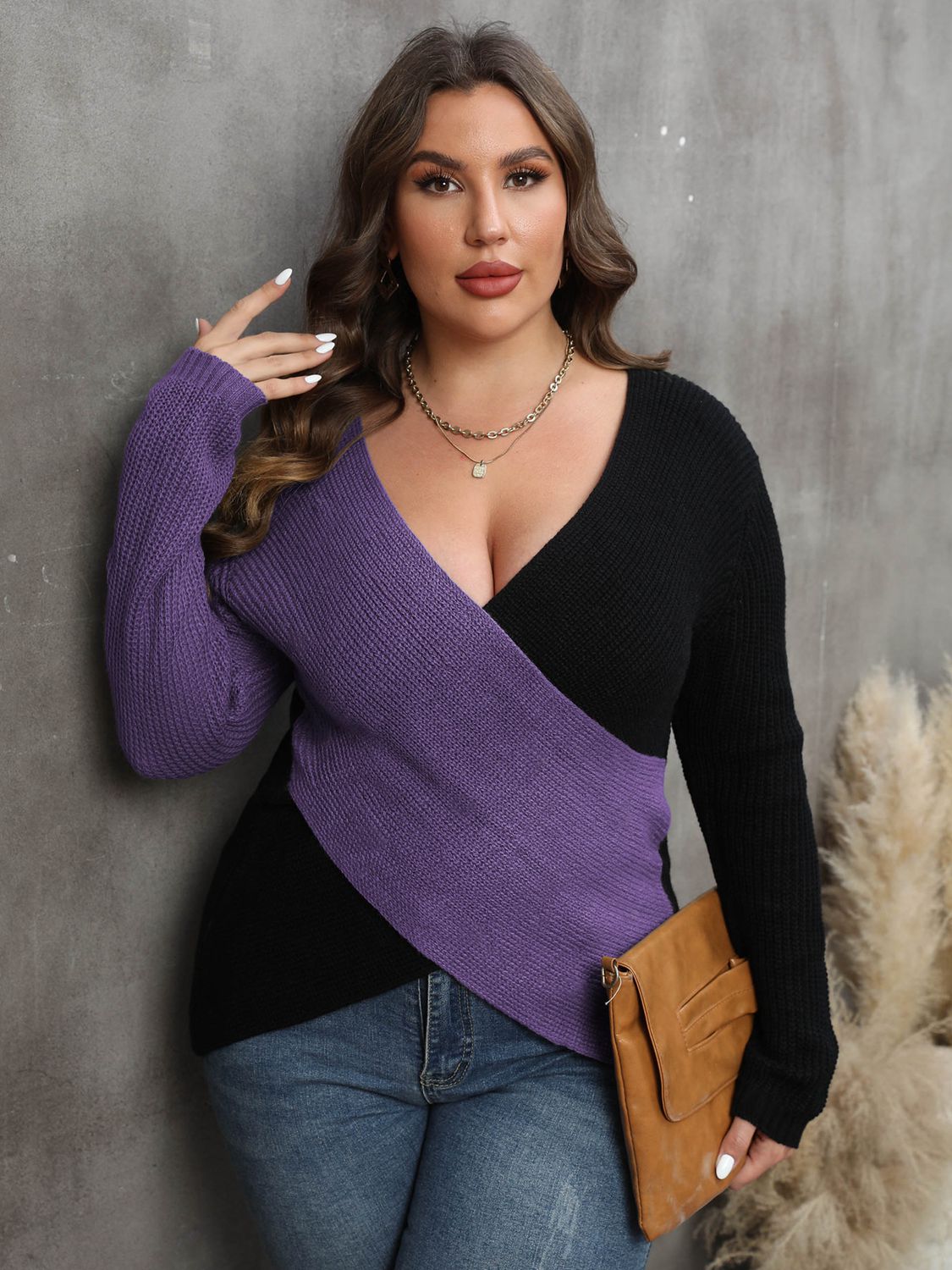 Purple and Black Plus Size Two-Tone Surplice Neck Sweater