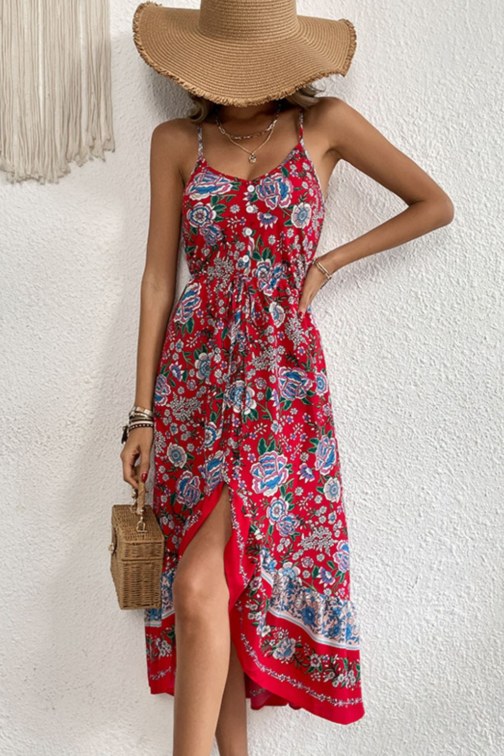 Red Perfee Bohemian Decorative Button Spaghetti Strap Dress