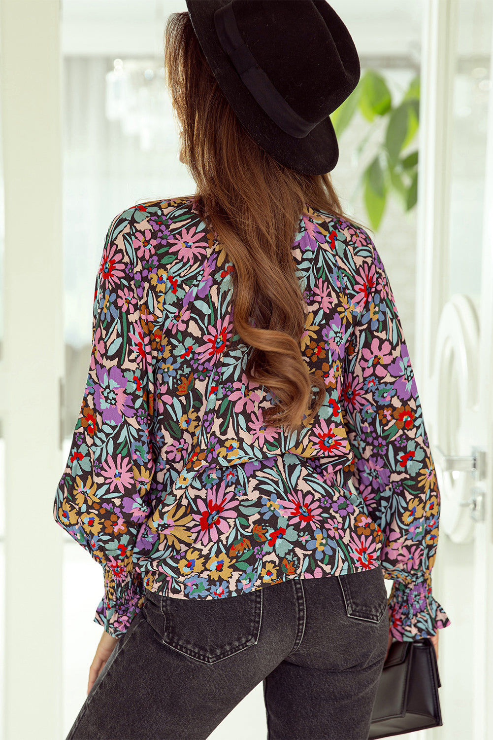 Thunder Chick Fitness Multicolour Plus Size Floral Smocked Cuffs V-Neck Blouse