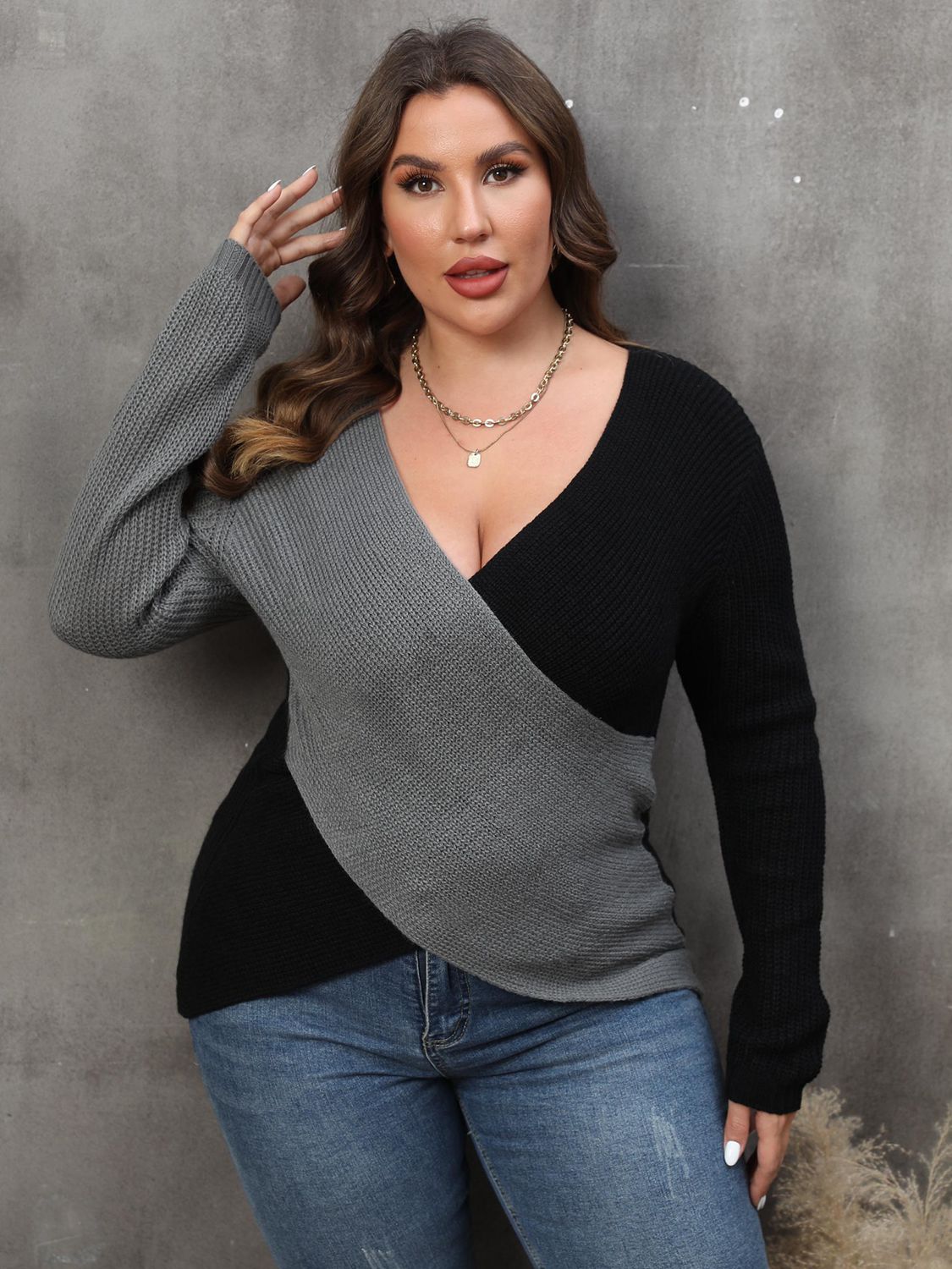 Grey and Black Plus Size Two-Tone Surplice Neck Sweater