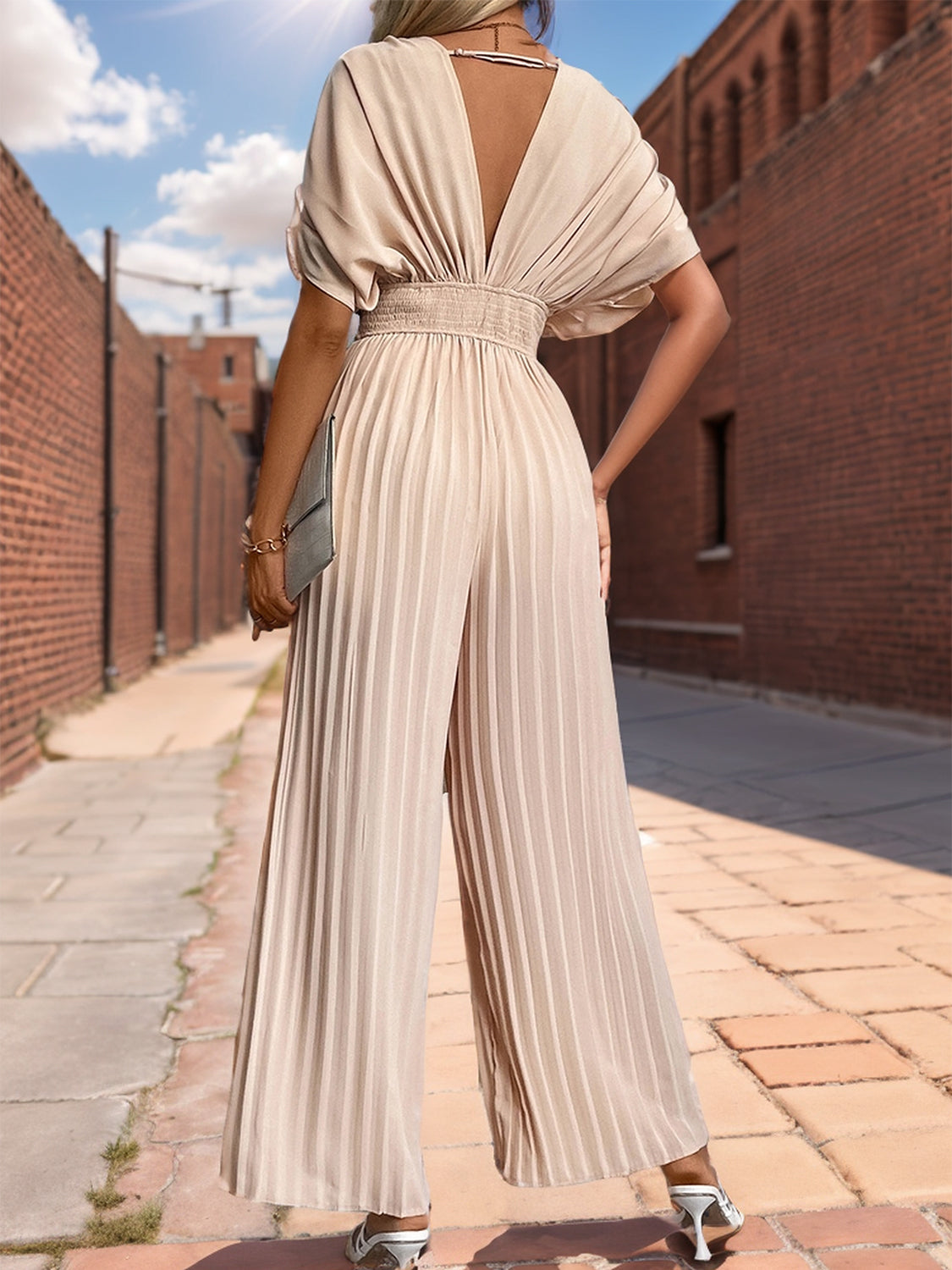 Thunder Chick Fitness Pleated Short Sleeve Wide Leg Jumpsuit