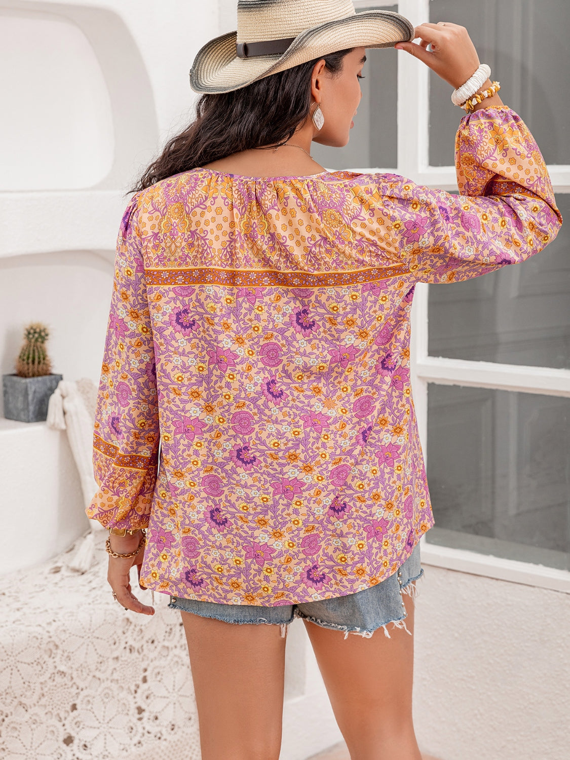 Thunder Chick Fitness Plus Size Tie Neck Tassel Printed Blouse