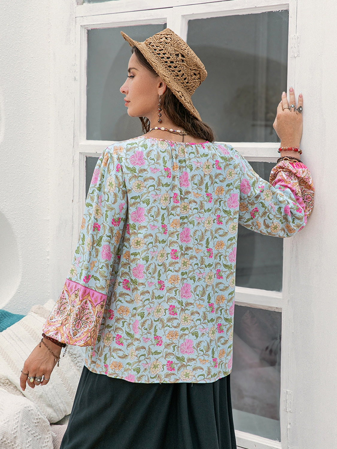 Thunder Chick Fitness Plus Size Tie Neck Tassel Printed Blouse