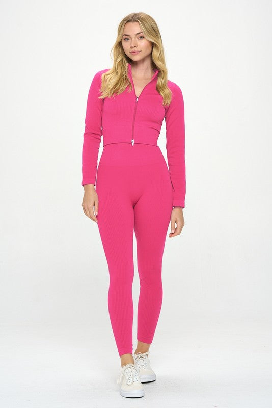 Pink 2 Piece Ribbed Seamless Long Sleeve Zip Jacket set