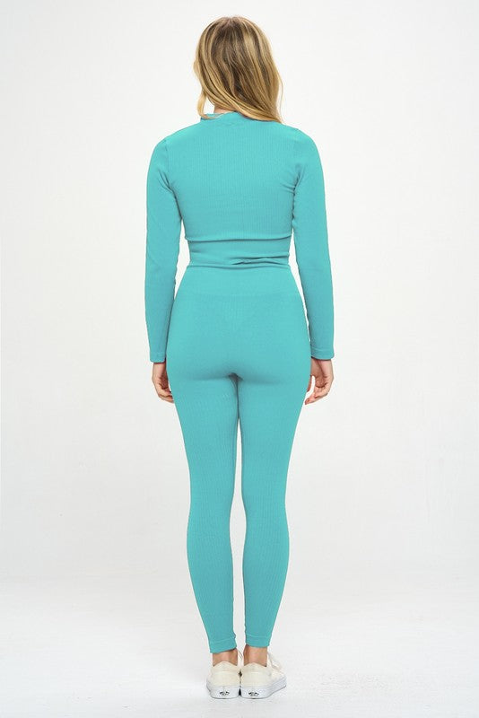 Turquoise2 Piece Ribbed Seamless Long Sleeve Zip Jacket set