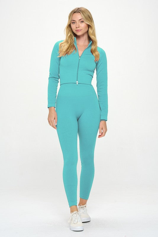 Turquoise2 Piece Ribbed Seamless Long Sleeve Zip Jacket set