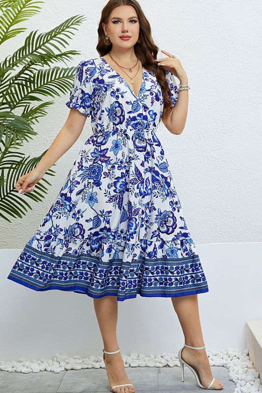 Blue Thunder Chick Fitness Floral Flounce Sleeve Surplice Dress