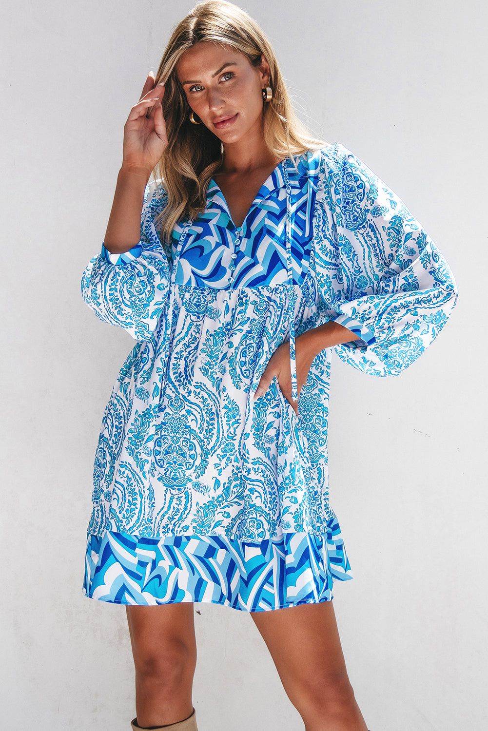 Blue Bohemian Print Puff Sleeve Tied V Neck Flared Mini Dress