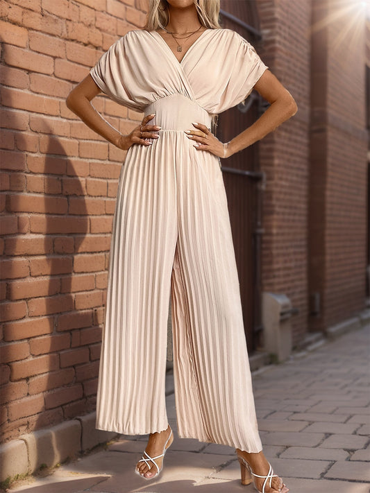 Thunder Chick Fitness Pleated Short Sleeve Wide Leg Jumpsuit